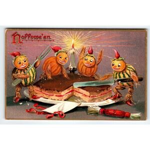 Halloween Postcard Tuck Pumpkin Head Goblins Slice Cake Fantasy Embossed 1909